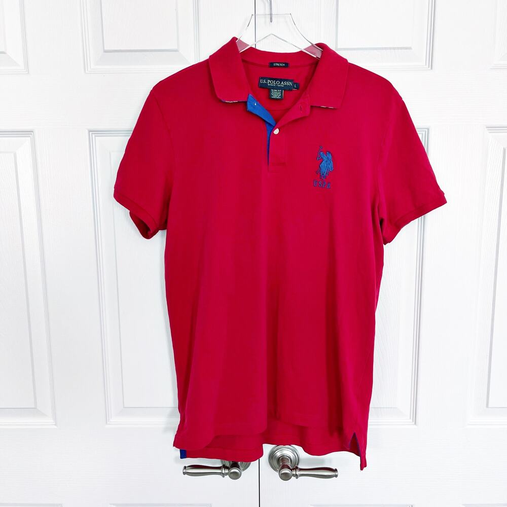 U.S. Polo Slim Fit Stretch Pique Polo Shirt Red Blue Big Pony Logo Preppy Y2K